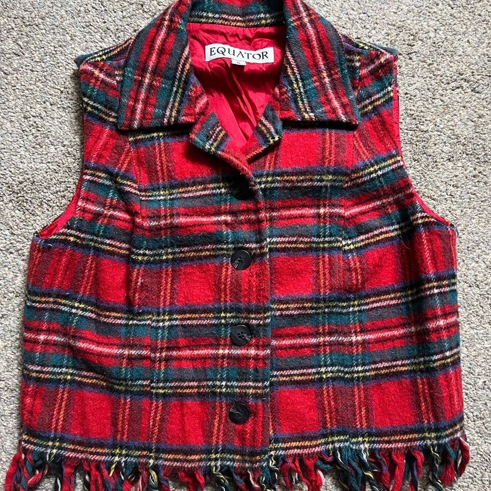 Vintage Equator Tartan Plaid Fringe Wool Vest (S)